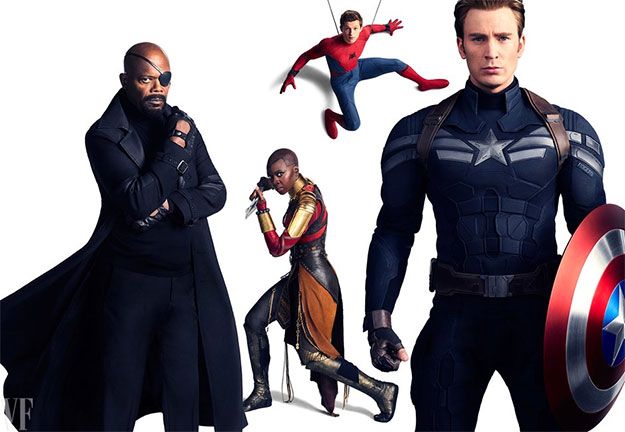 Samuel L. Jackson como Nick Fury, Danai Gurira como Okoye, Tom Holland como Spider-Man, y Chris Evans como Capitán América