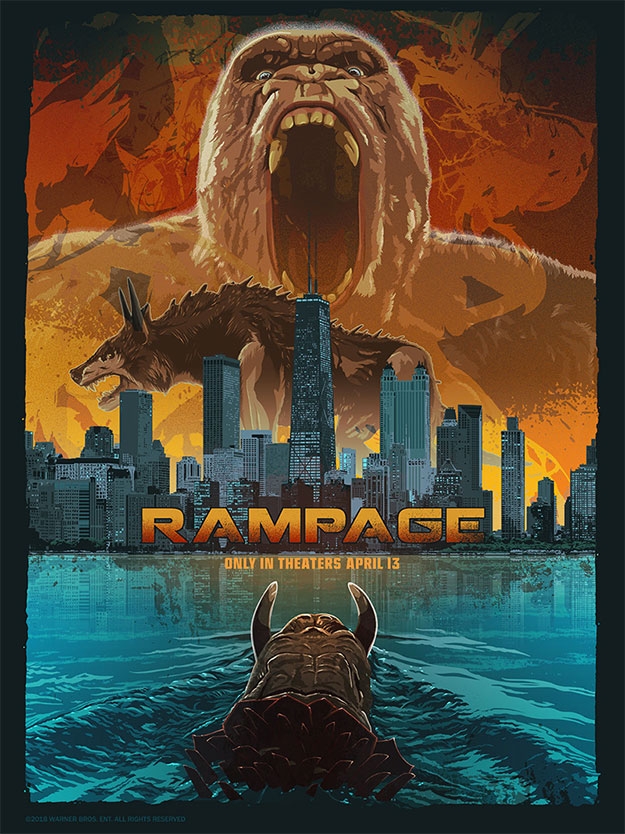 Cartel pintado de Rampage y parte de la semana Rampage que prepara Warner Bros.