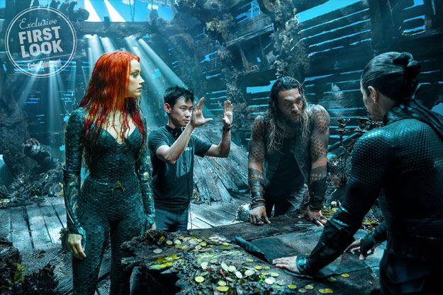 Mera (Amber Heard), James Wan, Aquaman (Jason Momoa) y Vulko (William Dafoe) rodando