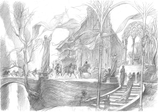 El grupo de Thorin es recibido por las tropas élficas de Elrond en Rivendel, obra de Alan Lee