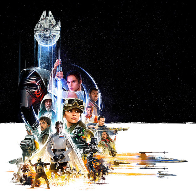 Promo dibujo del universo Star Wars con Rogue One y los nuevos héroes de la trilogía VII, VIII y IX