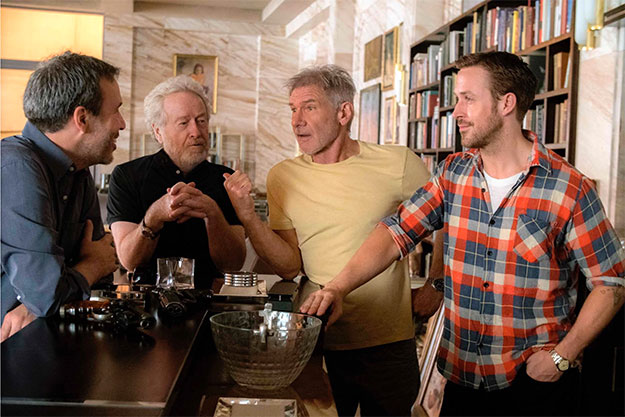 Denis Villeneuve, director, Ridley Scott, productor, y los protagonistas Harrison Ford y Ryan Gosling, Blade Runner 2049