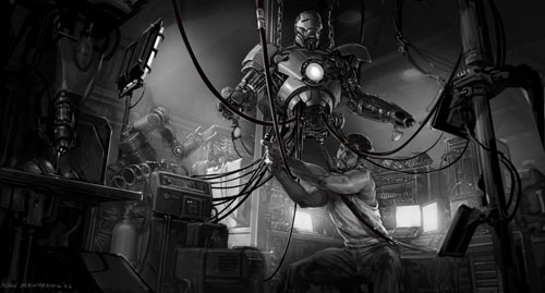 Sketch de Iron Monger vs. Iron Man creado por Adi Granov