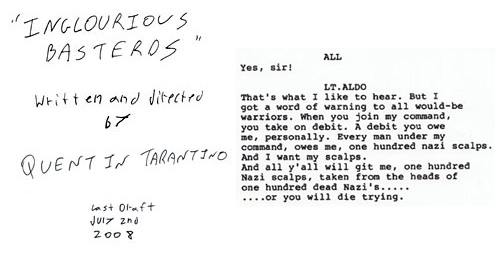 Primera página y retazo del diálogo del guión de Inglorious Basterds por Quentin Tarantino