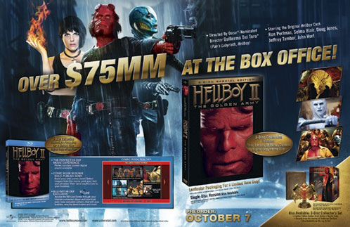 Panfleto para promocionar la salida al mercado del DVD de Hellboy II: El Ejército Dorado en USA