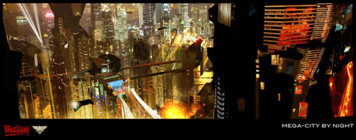 "Mega-city por la noche", arte conceptual de Judge Dredd por Jock