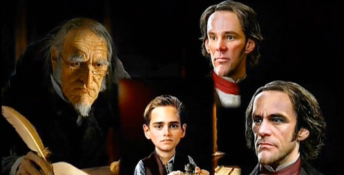 Jim Carrey como Ebenezer Scrooge en cuatro etapas de su vida